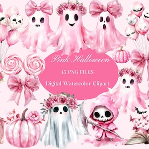 Pink Halloween Watercolor Clipart | 45 PNG Files | Cute Ghosts, Skulls, Pumpkins, Balloons | Pastel Goth Digital Stickers | Commercial Use