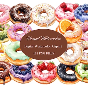 Watercolor Donut Clipart Set | 111 PNG Donut Graphics | Sweet Dessert Illustrations | Commercial Use Digital Download | Cute Food Art