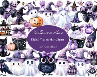 Lot de cliparts aquarelle fantôme d'Halloween | Clipart mignon de fantômes et de sorcières d'Halloween | 95 fichiers PNG | Effrayant Mignon Numérique Numérique