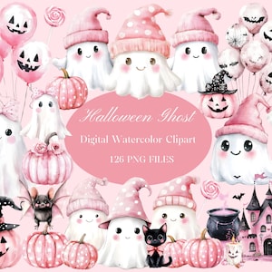 Op de afbeelding: Een set van 126 digitale aquarel-clipart afbeeldingen met schattige roze en witte geesten, pompoenen, vleermuizen en een spookhuis. De afbeeldingen zijn perfect voor Halloween-knutselwerk, feestdecoraties en scrapbooking.