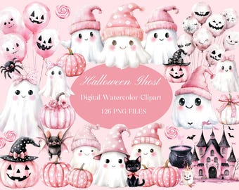 Cute Halloween Ghost Clipart Set - Pink Watercolor Ghosts, Spooky Pumpkins & Witch Hats - 126 PNG Files for Scrapbooking, Invitations, DIY