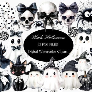 Könnte beinhalten: Schwarz-weißes Aquarell-Clipart-Set mit Halloween-Motiven. Das Set enthält Geister, Kürbisse, eine schwarze Katze, ein Spukhaus, Schädel, Spinnen und Süßigkeiten. Der Text "Black Halloween 93 PNG FILES Digital Watercolor Clipart" ist im Bild enthalten.