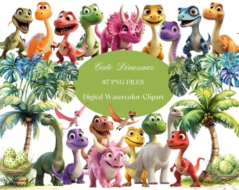 Puede incluir: Un conjunto de clipart digital de 87 ilustraciones de acuarela que presentan lindos dinosaurios de dibujos animados en varias poses y colores. El conjunto incluye una variedad de dinosaurios, incluyendo un dinosaurio verde, un dinosaurio morado, un dinosaurio amarillo, un dinosaurio rojo y un dinosaurio azul. Los dinosaurios están rodeados de palmeras y hojas verdes.