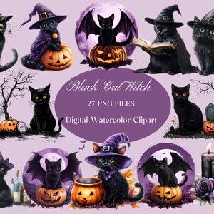 Black Cat Witch Halloween Clipart | 27 PNG Watercolor Clip Art Set | Spooky Pumpkins & Crystals | Witchy Goth Sublimation Graphics | Digital