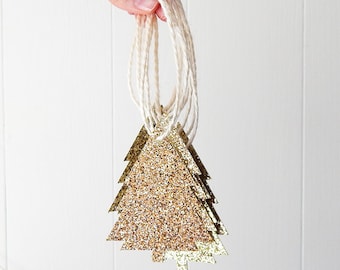 Golden Glitter Tree Gift Tags - Christmas Tags - Holiday Tags - Paper Ornaments