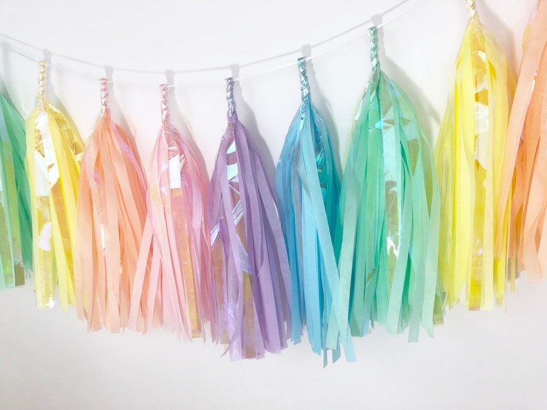 Tissue Tassel Garland Iridescent Pastel Rainbow Unicorn Party Decor Rainbow Decor image 3