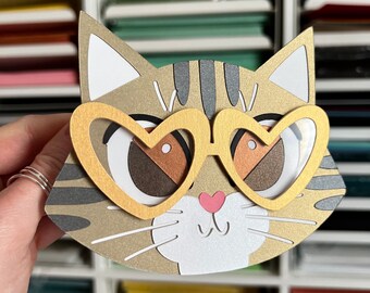 Heart Glasses Brown Tabby Cat Card Heart Glasses - Cute Valentine - Friend Valentines - Paper Cut Card