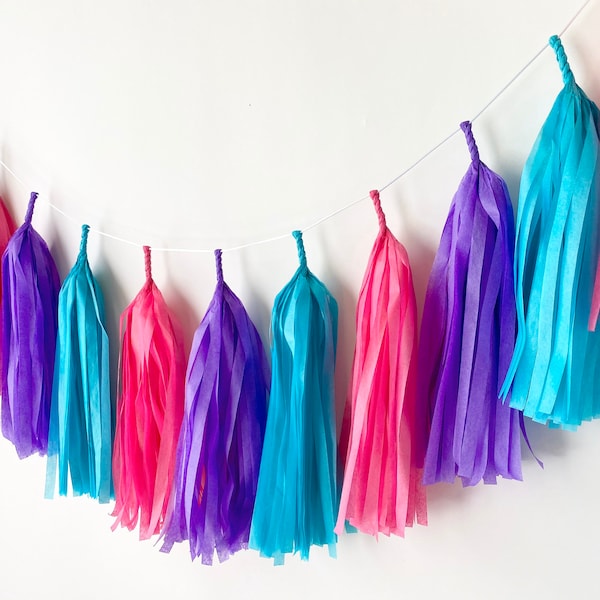 Cerise Pink Purple and Caribbean Blue Tassel Garland - Wedding Decor - Room decor - Nursery Decor - Photo Prop