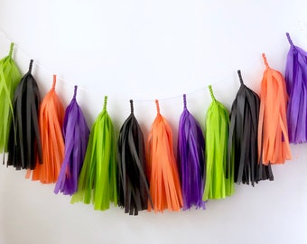 Halloween Decor - Tassel Garland - Halloween Tissue Tassels - Birthday Decor - Photo Prop - Fall decor - Black Orange Green Purple
