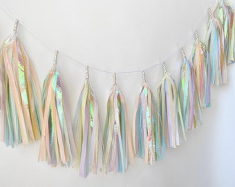 Iridescent Sherbet Pastel Rainbow Tissue Paper Tassel Garland photo prop PRE-MADE