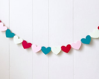 Mint Pink Red Teal Heart Garland / Wedding Decoration / Love Bunting / Anniversary Decor / Photo Prop / Adjustable Hand Sewn