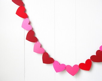 Hot Pink and Red Heart Garland / Wedding Decoration / Love Bunting / Anniversary Decor / Photo Prop / Adjustable Hand Sewn