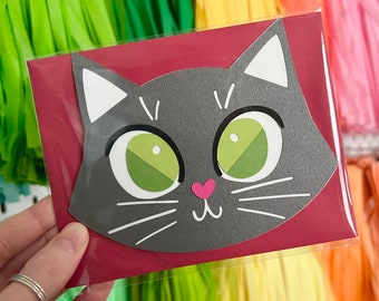 Gray Cat Card Green Eyes Blank Inside Any Occasion Card