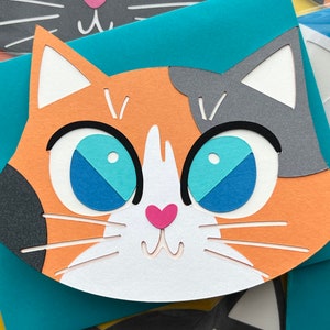 Calico Cat Card Blue Eyed Blank Inside Any Occasion Card Birthday Card Paper Cut image 1