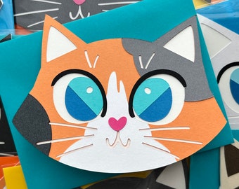 Calico Cat Card Blue Eyed Blank Inside Any Occasion Card Birthday Card Paper Cut