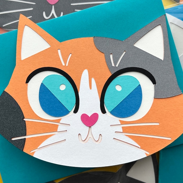 Calico Cat Card Blue Eyed Blank Inside Any Occasion Card Birthday Card Paper Cut
