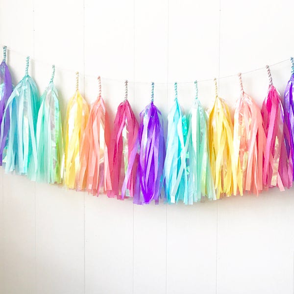 Iridescent Rainbow Tissue Tassel Garland - Wedding Decor - Room decor - Nursery Decor - Photo Prop