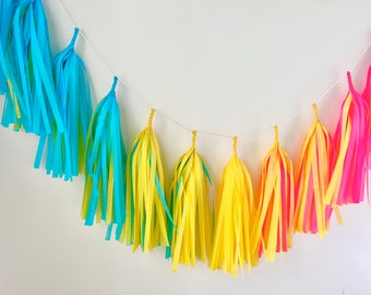 Pre-made Bright Blue Yellow Pink Tissue Gradient Tassel Garland - Wedding Decor - Room decor - Kids Room