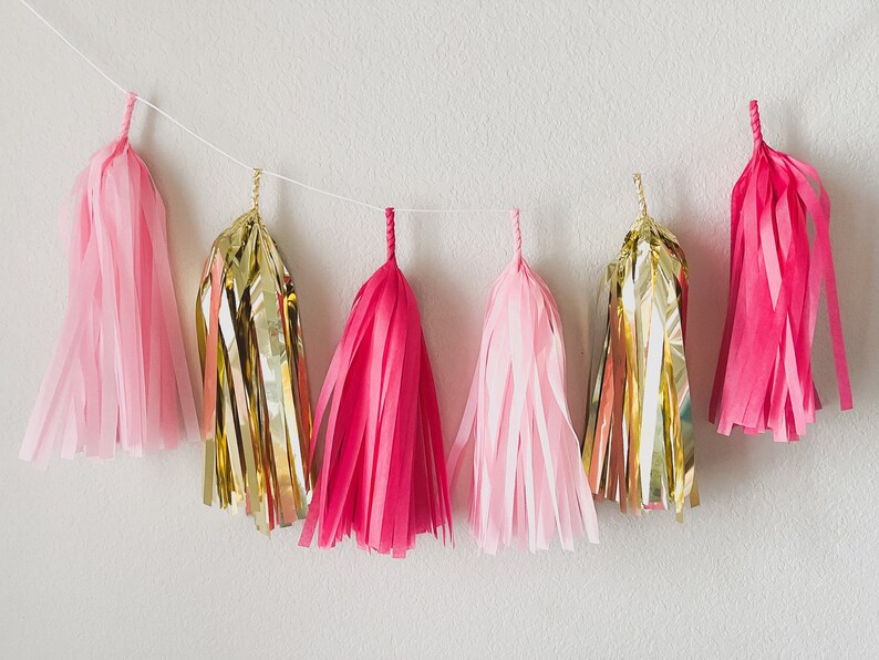 Pink and Gold Tissue Tassel Garland Wedding Decor Room decor Nursery Decor Photo Prop image 2