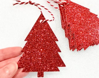 Red Glitter Tree Gift Tags - Christmas Tags - Holiday Tags - Paper Ornaments (8 Tags)