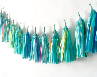 Aquamarine Iridescent Rainbow Tissue Tassel Garland - Wedding Decor - Room decor - Aqua Decoration - Nursery Decor - Photo Prop