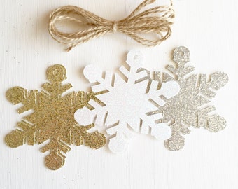 Snowflake Glitter Gift Tags- Holiday Tags - Gold White Silver
