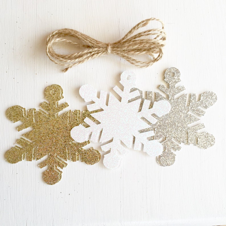 Snowflake Glitter Gift Tags Holiday Tags Gold White Silver image 1