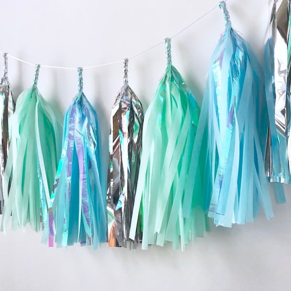 Light Blue Mint and Silver Iridescent Tissue Tassel Garland - Birthday Decor - Baby Shower - Dorm Decor - Wedding