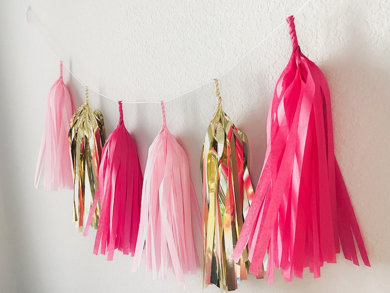 Pink and Gold Tissue Tassel Garland Wedding Decor Room decor Nursery Decor Photo Prop image 1