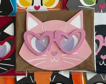 Pink Valentine Cat Card - Heart Glasses - Cute Valentine - Friend Valentines