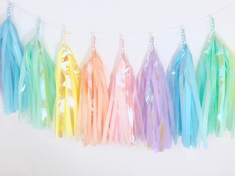 Tissue Tassel Garland Iridescent Pastel Rainbow Unicorn Party Decor Rainbow Decor image 2