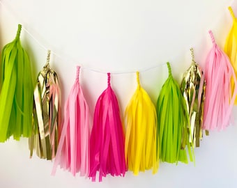 Tropical Summer Tissue Tassel Garland - photo prop - pool party decor -Summer Wedding - Yellow Pink Green