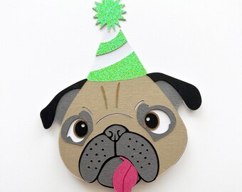 Mini Party Hat Pug Card Blank Inside Any Occasion Dog Card Layered Papercut Illustration