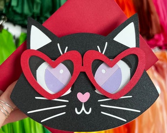 Valentine Cat Card - Heart Glasses - Cute Valentine - Friend Valentines