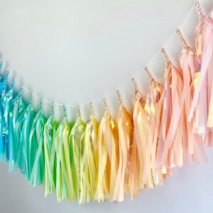 Tissue Tassel Garland - Iridescent Pastel Rainbow - Unicorn Party Decor - Rainbow Decor - PRE-MADE