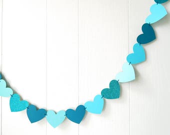 Aqua and Teal Heart Garland / Wedding Decoration / Love Bunting / Anniversary Decor / Photo Prop / Adjustable Hand Sewn