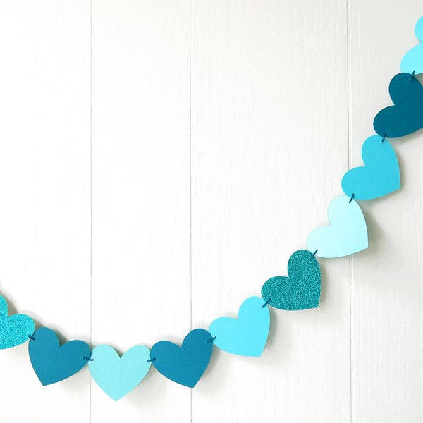 Aqua and Teal Heart Garland / Wedding Decoration / Love Bunting / Anniversary Decor / Photo Prop / Adjustable Hand Sewn