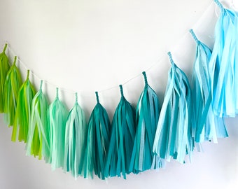 Pre-made Blue Green Tissue Gradient Tassel Garland - Wedding Decor - Room decor - Kids Room - Sea Glass Ocean Theme