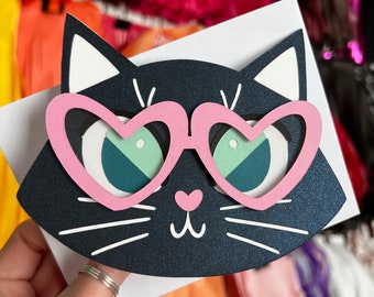 Valentine's Cat Card - Midnight Blue Shimmer - Heart Glasses - Cute Valentine - Friend Valentines