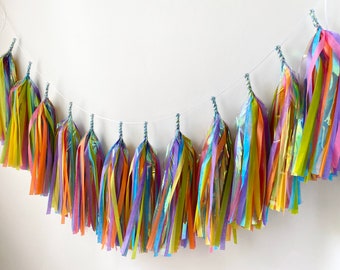 May include: A colorful tissue paper tassel garland with iridescent accents. The garland is strung on a white string and features tassels in shades of yellow, orange, pink, purple, blue, and green.