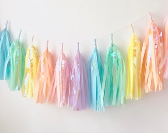 Tissue Tassel Garland - Iridescent Pastel Rainbow - Unicorn Party Decor - Rainbow Decor