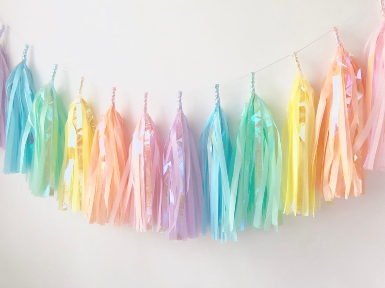 Tissue Tassel Garland Iridescent Pastel Rainbow Unicorn Party Decor Rainbow Decor image 1