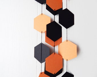 Pumpkin Orange and Black Hexagon Garland Bunting / Geometric wall hanging / Photo Prop / Halloween Decor