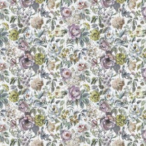 May include: A seamless floral pattern featuring a variety of flowers in shades of purple, pink, and green. The flowers are arranged in a random pattern on a white background.