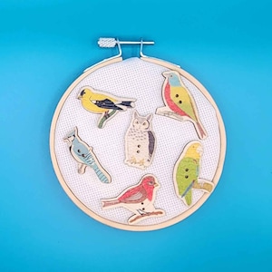 May include: A white embroidery hoop with a variety of colorful wooden bird cutouts. The birds include a blue jay, a yellow finch, a red cardinal, a brown owl, a green parakeet, and a red and yellow bird.
