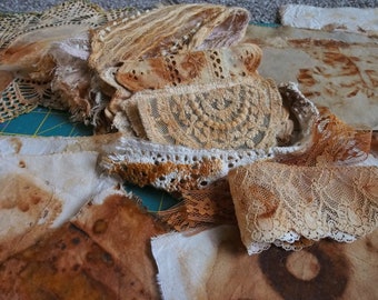 25+pcs Rust Dyed Cotton Fabric and Lace - Mixed Sizes Large Mystery Lot Destash