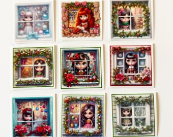 May include: A collection of nine square stickers featuring illustrations of dolls looking through windows decorated for the holidays. Each sticker displays a different doll with distinct hair colors and festive outfits, surrounded by wreaths, ornaments, and seasonal greenery.