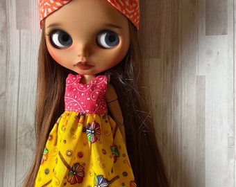 Maxi Dress for Neo Blythe  - Mismatched Yellow Pinwheels Orange Pink Dress and matching Hair Bow for Blythe Dolls