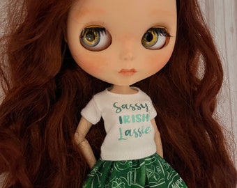 Neo Blythe 2 Piece set White Green  Metallic Mint Green T-Shirt and Skirt - Sassy Irish Lassie St Patrick’s Day Blythe tshirt