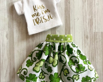 Neo Blythe 2 Piece set White Gold Kiss Me I’m Irish T-Shirt and Skirt -St Patrick’s Day Blythe Outfit